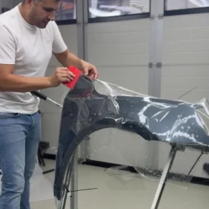 Application d'un film de protection carrosserie PPF sur une aile avant grise.