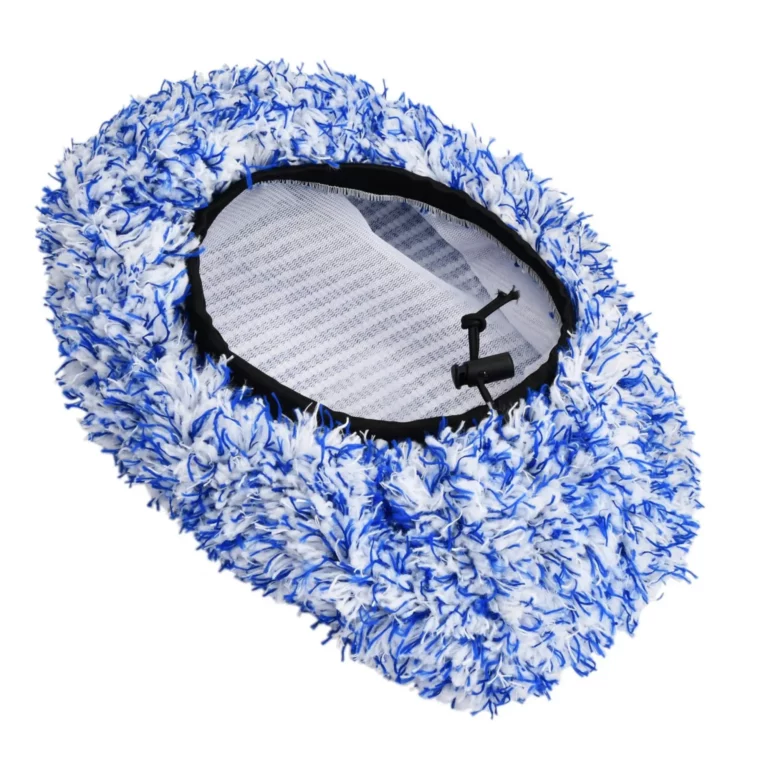 Gant de lavage microfibre bleu et blanc avec élastique de maintien.